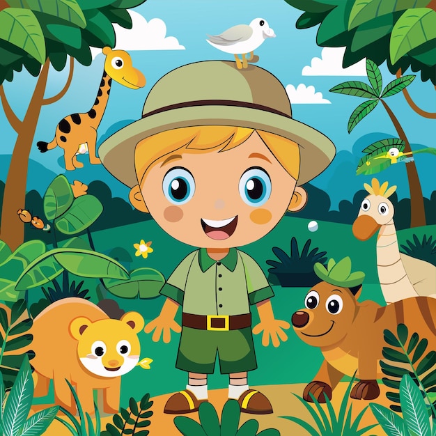 Vector a cartoon boy with a hat and a cartoon character with animals and animals