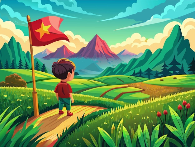 Vector cartoon boy with vietnamese flag standing on a mountain