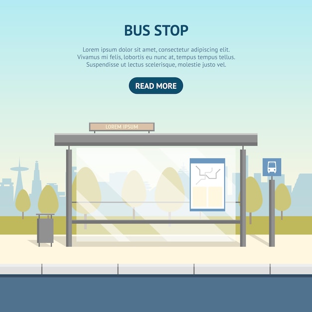 Vector cartoon bus stop card poster ad concept public transport in city