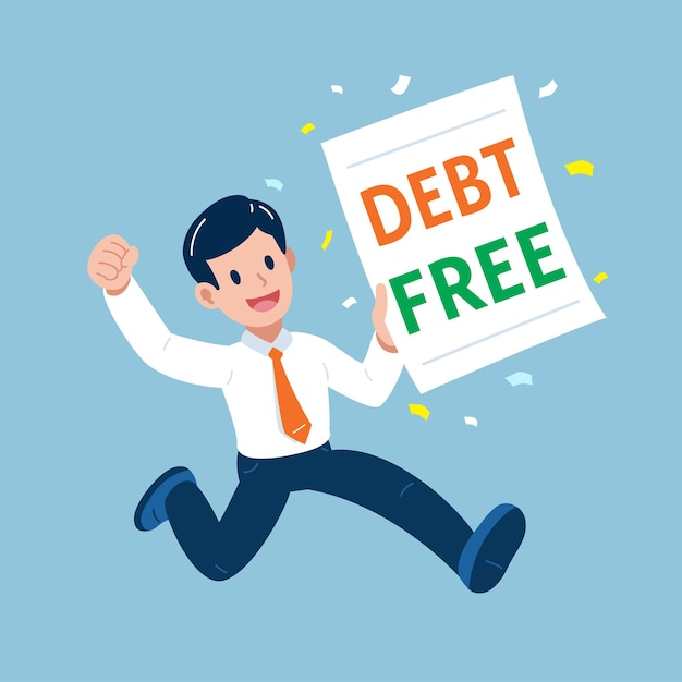 Vector cartoon businessman with debt free letter