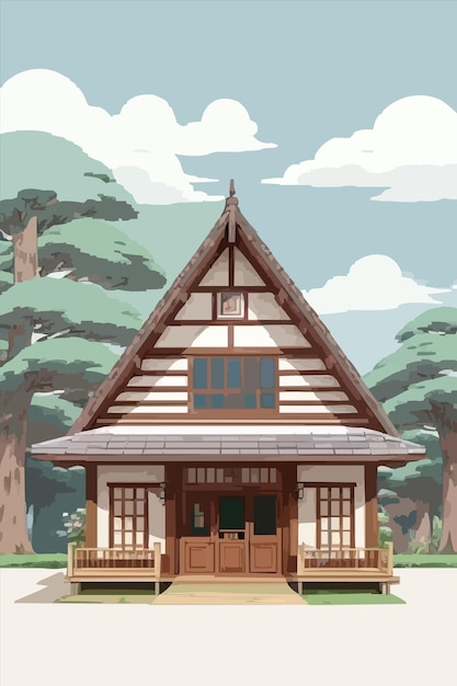 a cartoon of a cabin with a wooden roof and a large window