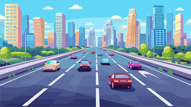 Vector a cartoon of cars driving on a highway with a city in the background