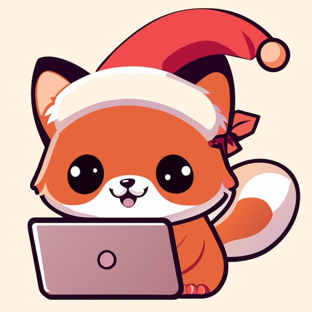 Vector a cartoon cat with a santa hat on a laptop