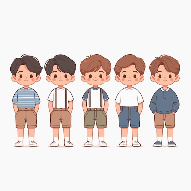 Vector cartoon character a bunch of handsome smiling boys