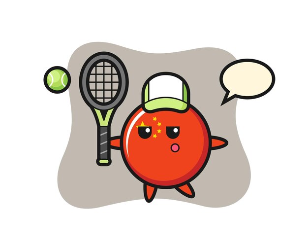 Vector cartoon character of china flag badge as a tennis player