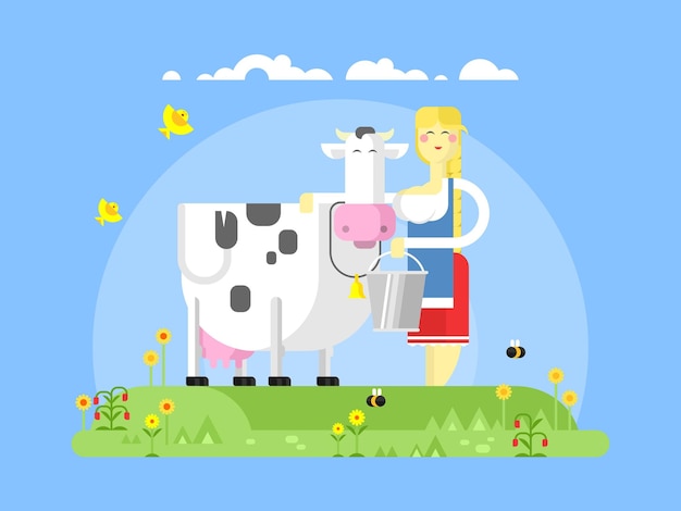 Vector cartoon character cow and milkmaid