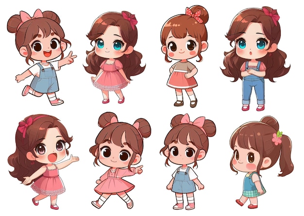 Vector cartoon character of cute little girl with different expressions