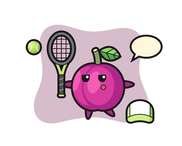 Cartoon character of plum fruit as a tennis player