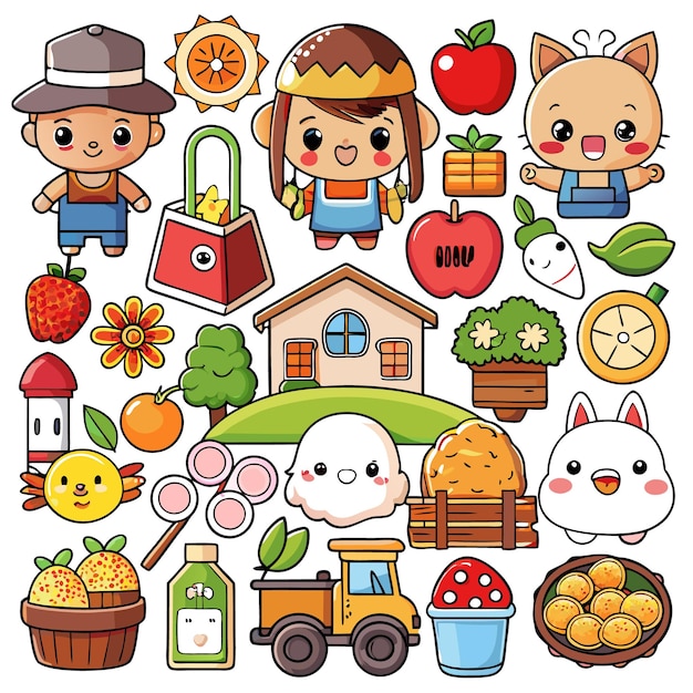 Vector cartoon characters and objects with a cute farmhouse theme including a girl boy cat rabbit and other assorted images