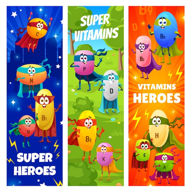 Cartoon cheerful superhero vitamin characters