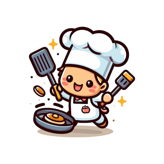 Vector a cartoon chef cook with a spatula cute kid chef happily cooking food with a spatula and pan