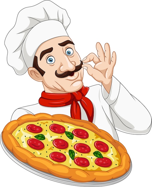 Cartoon chef man holding a pizza