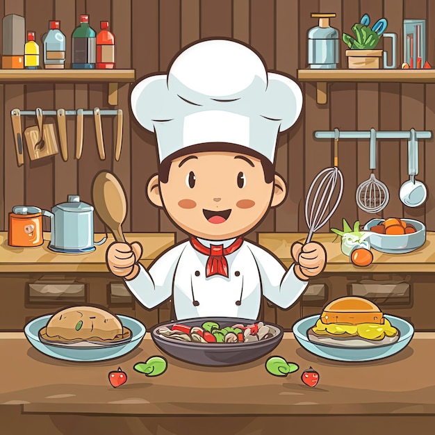 a cartoon of a chef with a plate of food in front of him