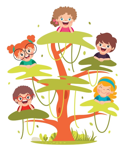 Cartoon Children Playing At Tree