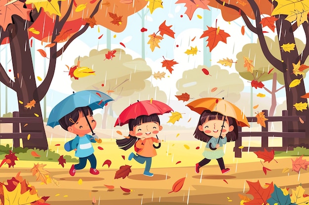 Vector cartoon children running with umbrellas