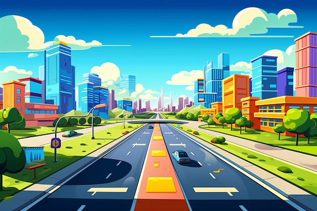 Cartoon City Scene with Road and Highway