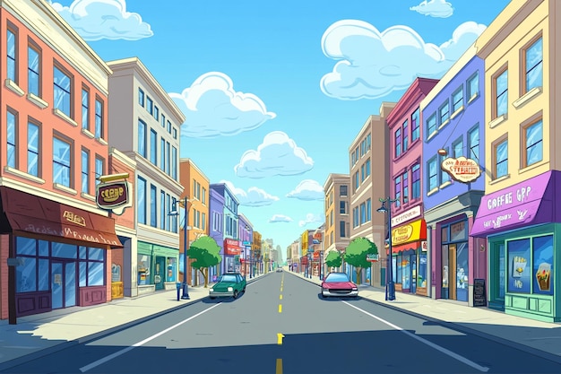 Vector cartoon city street with shops