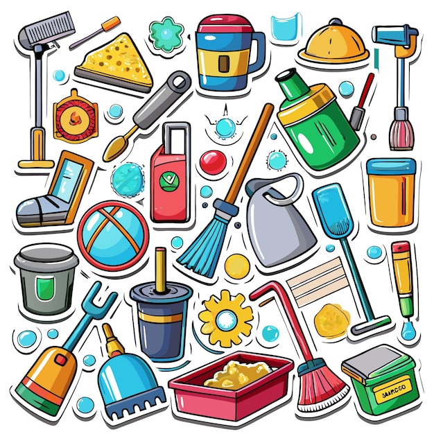 Vector cartoon cleaning supplies in stickers