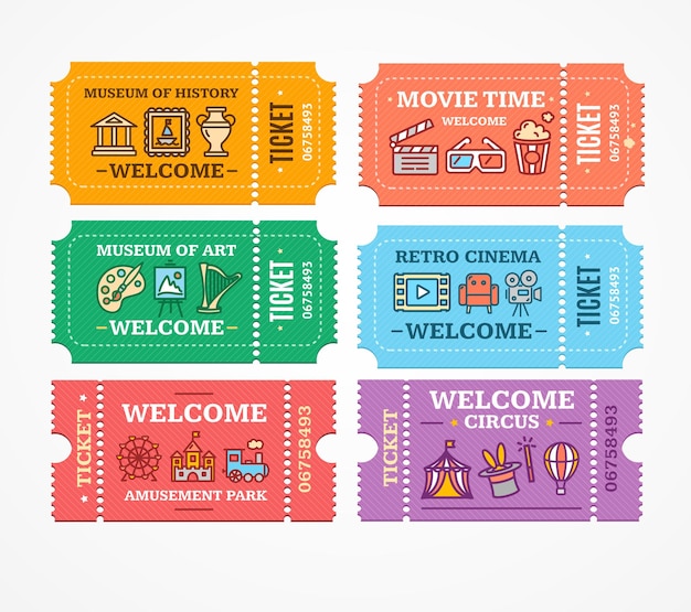 Vector cartoon color different tickets icon set vector