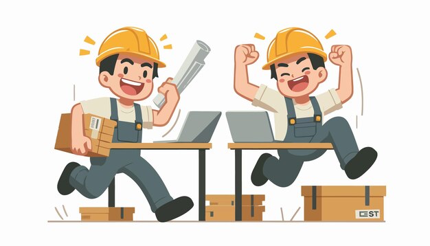 Vector a cartoon of a construction worker with a laptop and a man with a hard hat on