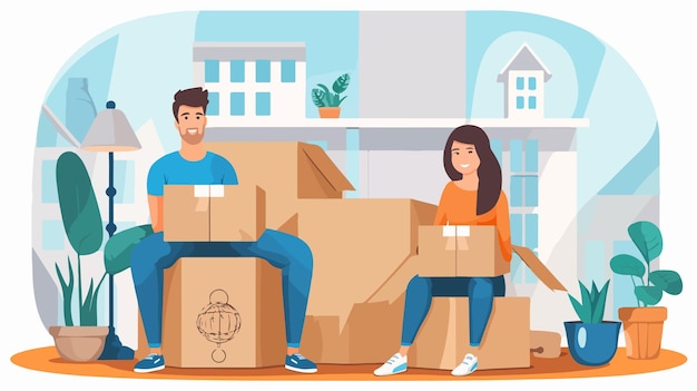 Vector a cartoon of a couple moving boxes with a man and a woman holding a box that says  new