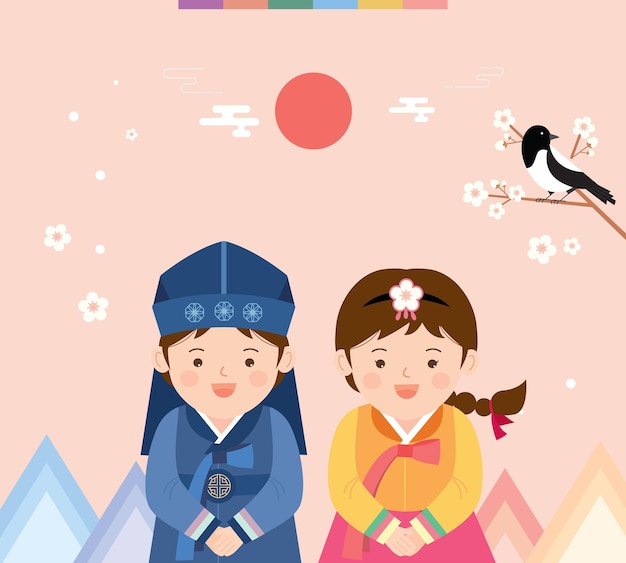 A cartoon of a couple in traditional korean clothing.