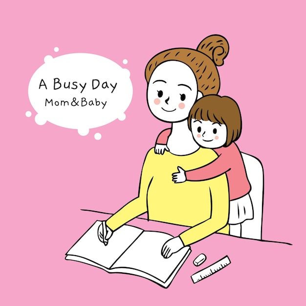 Cartoon cut busy day mom and daughter vector. 