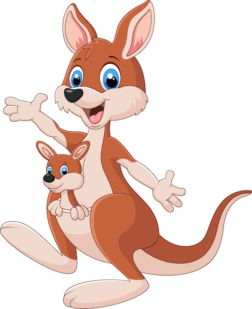Vector cartoon cute kangaroo waving hand with baby joey