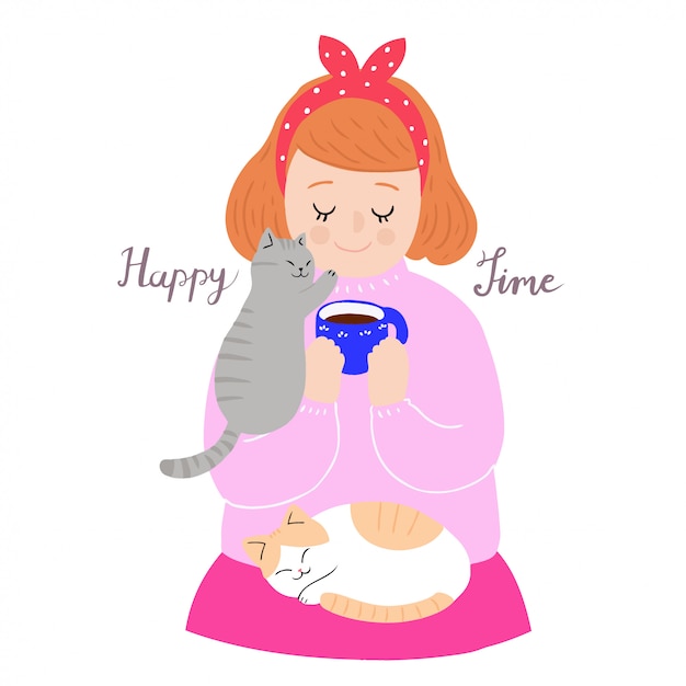 Cartoon cute woman and cat sleeping vector.