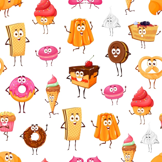 Cartoon desserts characters seamless pattern