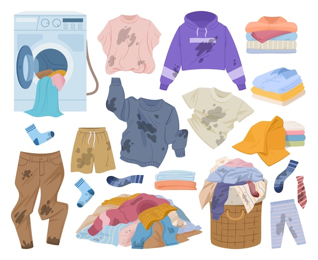 Vector cartoon dirty clothes wrinkled stained clothes laundry basket and stack of clean clothing flat vector illustration collection laundry apparel set