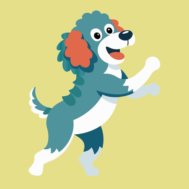 a cartoon dog with a blue tail has a white belly and a blue and red tail