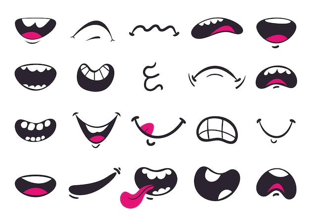 Cartoon doodle mouth with different emotions isolated set flat graphic design element