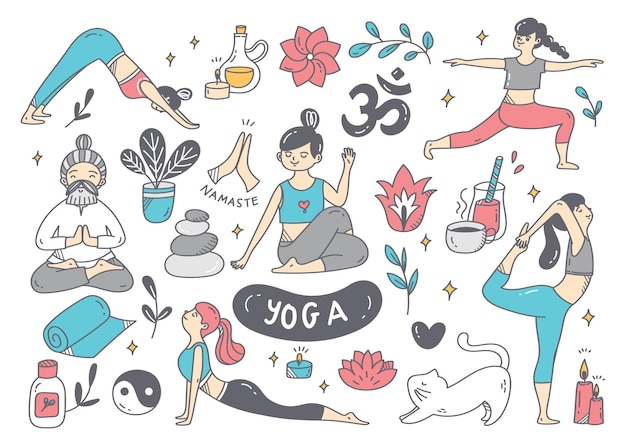 Vector cartoon doodle of woman doing yoga in various poses