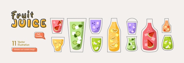 a cartoon drawing of a bottle of juice with different colored drinks