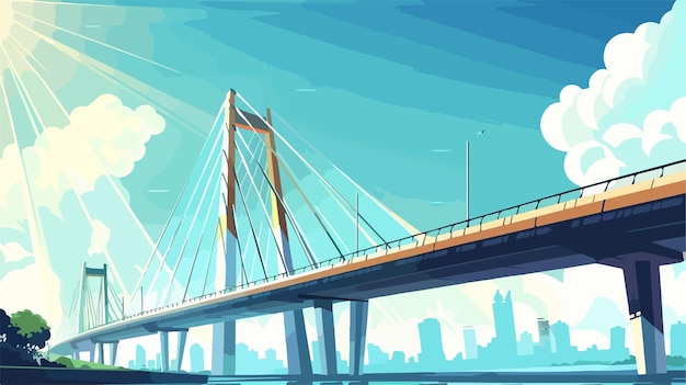 a cartoon drawing of a bridge with the city in the background