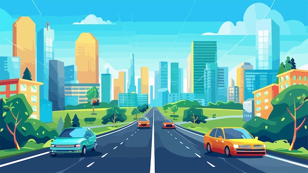 Vector a cartoon drawing of cars on the road with a city in the background