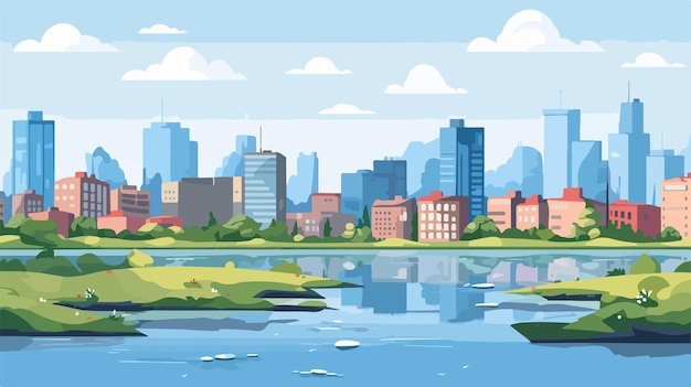 a cartoon drawing of a city with a lake and a city in the background