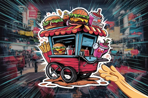 a cartoon drawing of a food cart with a hamburger and fries on it