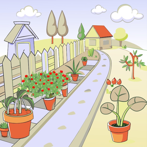 Vector a cartoon drawing of a garden with a fence and plants