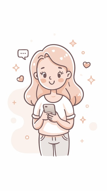 Vector a cartoon drawing of a girl with a phone and a heart on the background