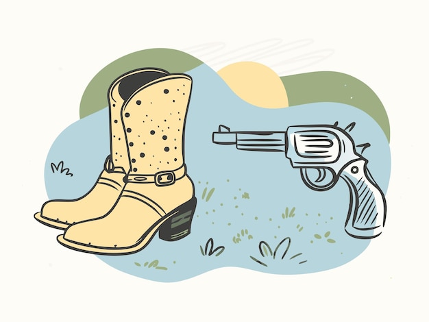 Vector a cartoon drawing of a gun pointing a gun and a pair of boots