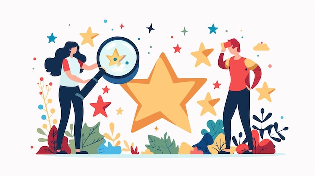 Vector a cartoon drawing of people with a magnifying glass and a star with a star on it