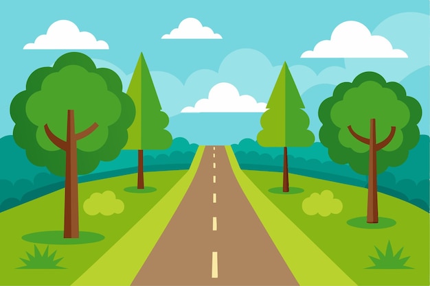 a cartoon drawing of a road with trees and a road with a sky background