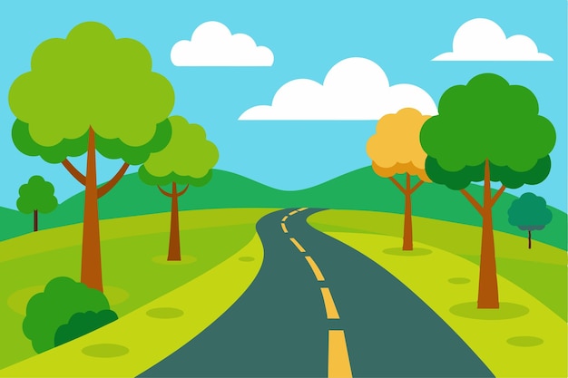 a cartoon drawing of a road with trees and a sky background