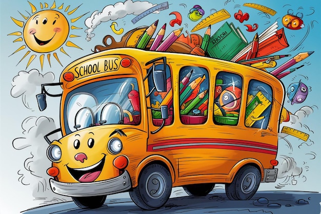 a cartoon drawing of a school bus with a smiley face on it