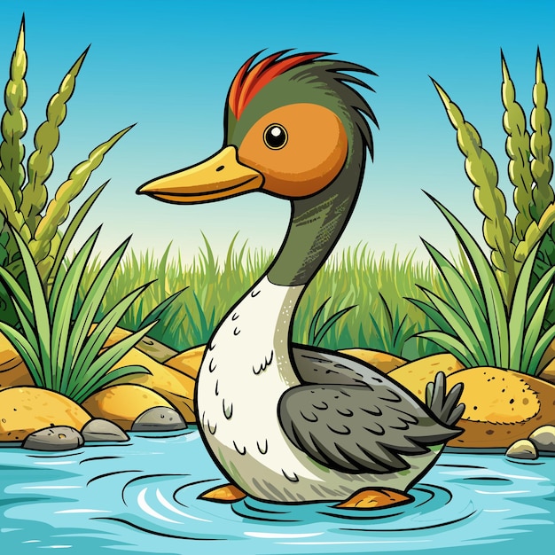 a cartoon of a duck in the water with grass and plants