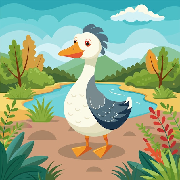 a cartoon of a duck with a blue and white body and a pond in the background