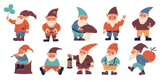 Cartoon dwarves Cute fairy tale characters with beards and hoods Fantasy short creatures Isolated midgets with mushroom and clover leaf Garden fabulous little elves Vector magical gnomic men set