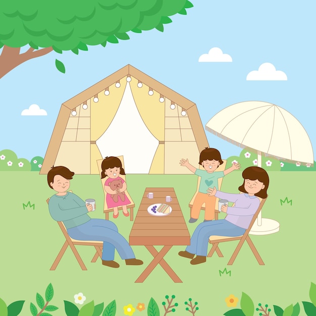 A cartoon of a family having a picnic in a park